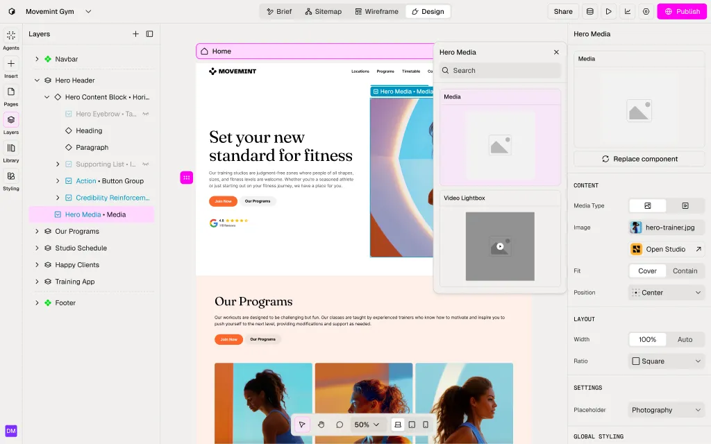 Replacing a component in the Design view. The replace popover, cards and controls are all library components.