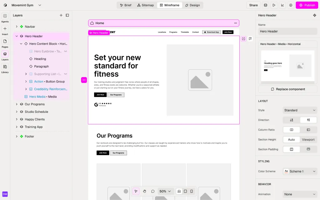 The Wireframe view of the editor, assembled from NOVA components: layers panel, canvas and section settings.
